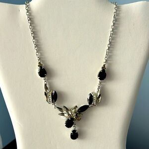 Statement Necklace- silver with black and multi stones
